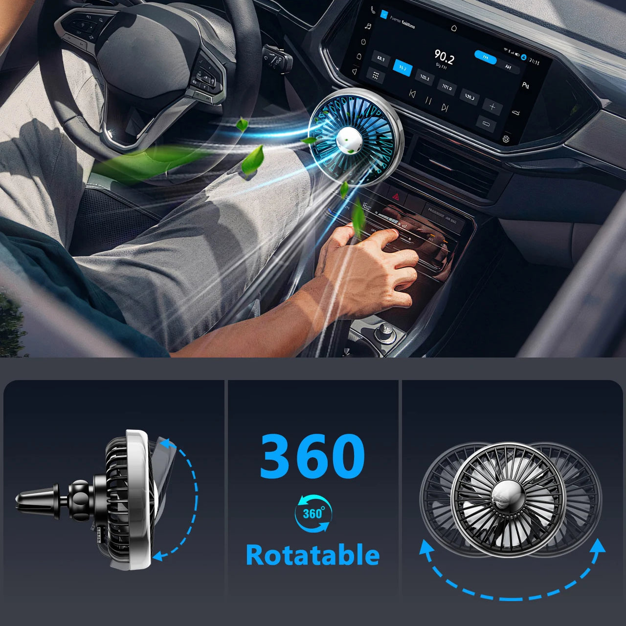 KoldinKar 360° Rotatable 3-Speed Car Vent Cooling Fan