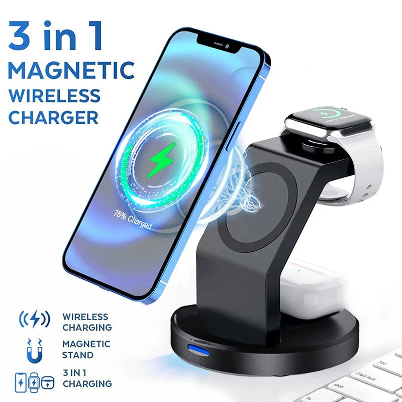 PoweriClip 3-in-1 Magnetic Wireless Charging Station for iPhone, Watch & AirPods