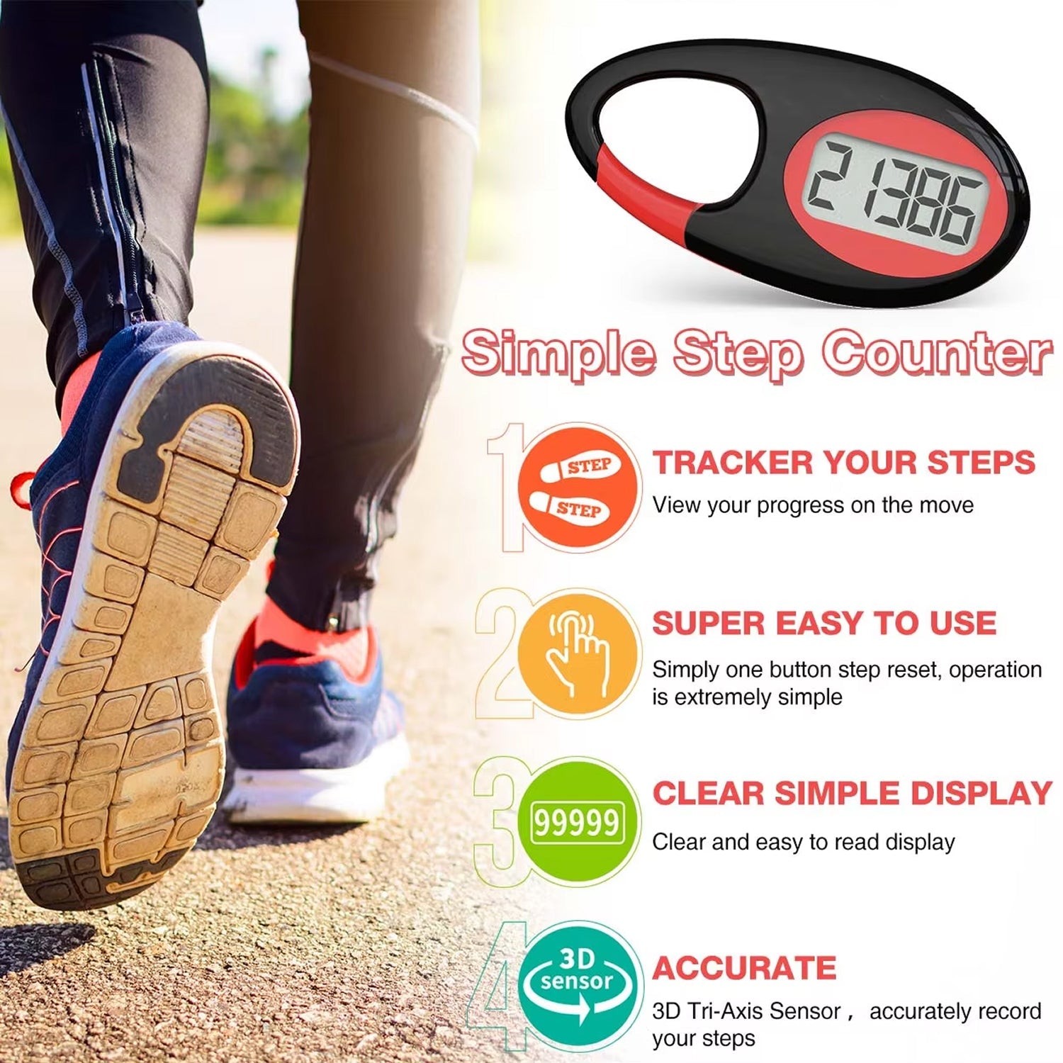 WakoWise 3D Tri-Axis Pedometer - Simple Step Tracking